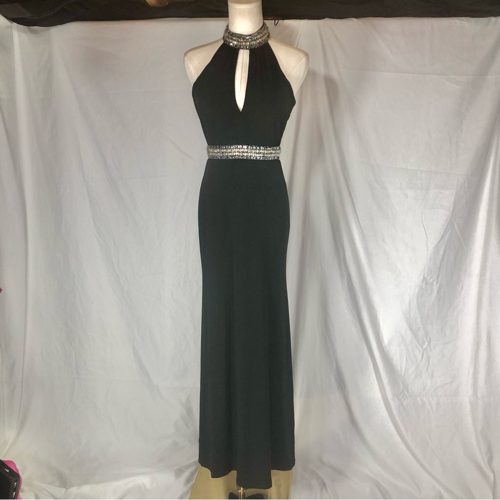 Crystal Doll Black Jeweled Halter Prom Al-line Dress Size Small 3 - Picture 3 of 13